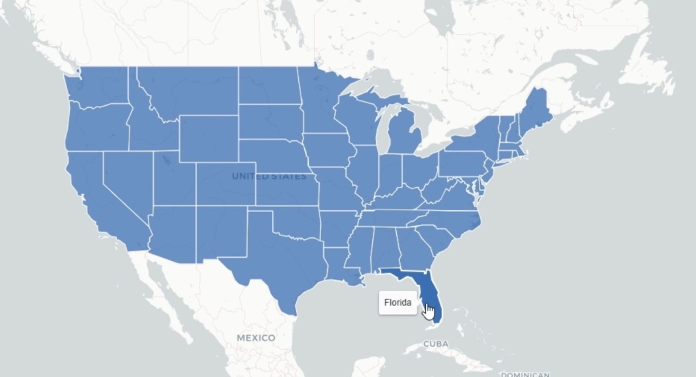 Map of the United States highlighting states covered by Brokers Bridge agents