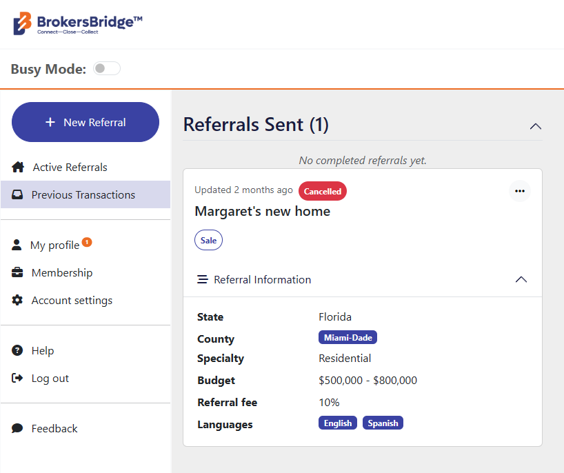 The Previous Transactions screen listing a past referral and its details