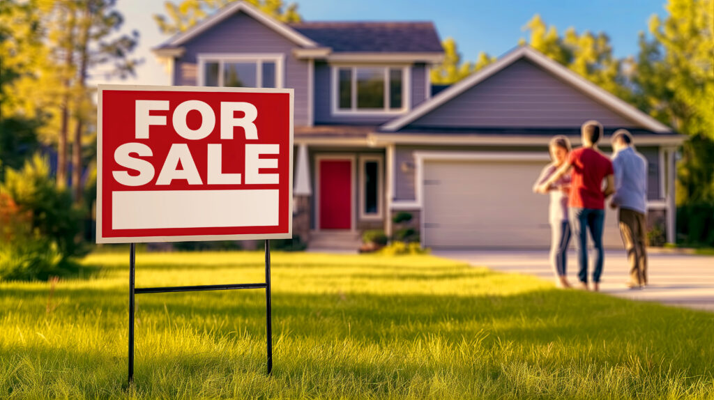 An image of a for sale sign in a yard with the buyers and real estate agent in the background.