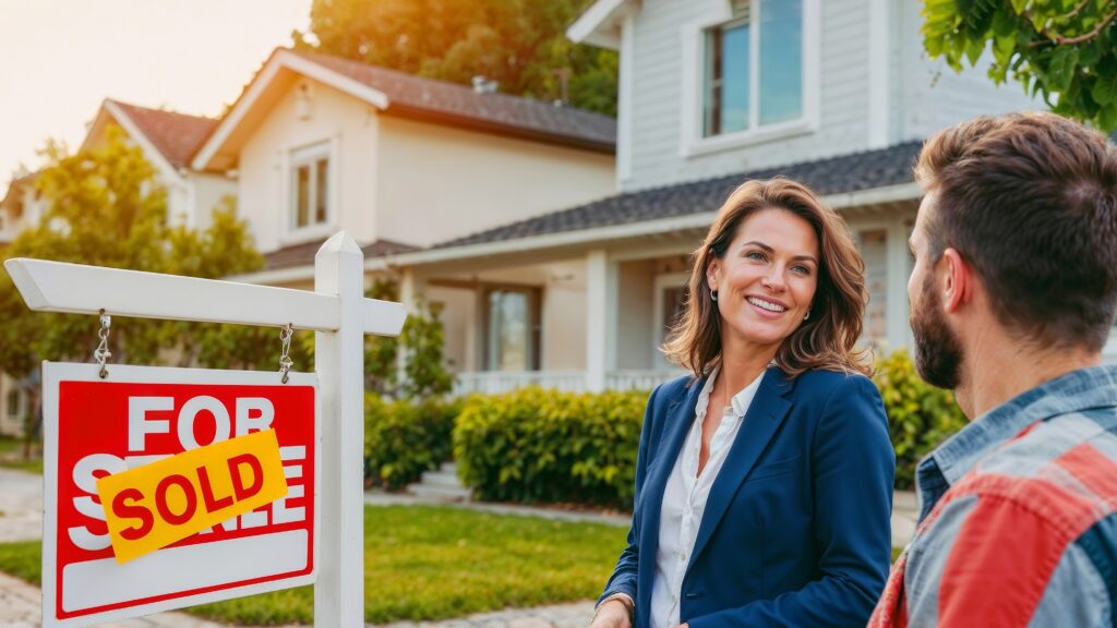 An image of a real estate agent who knows how to be a successful real estate agent standing in front of a sold house.